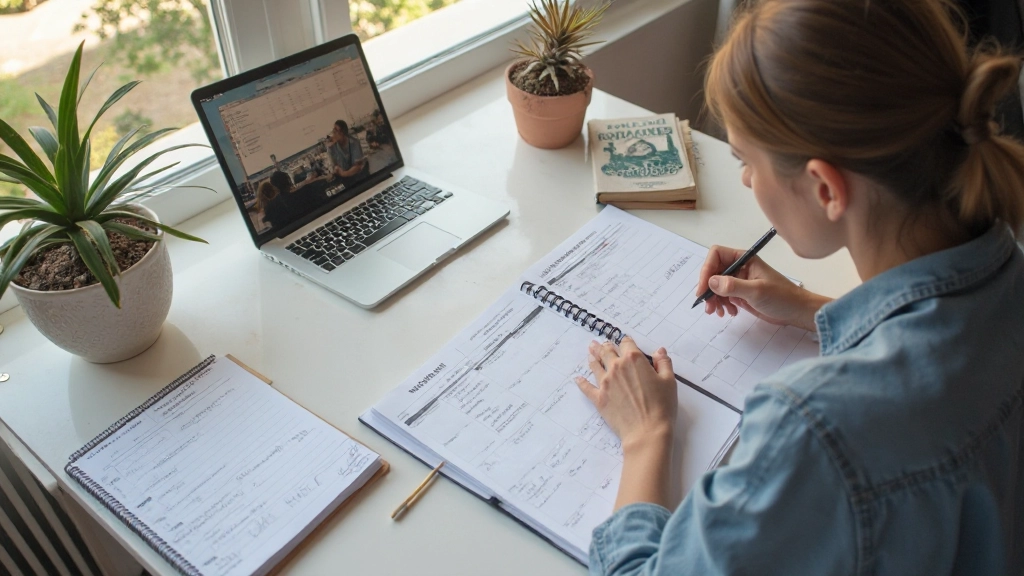 Estudante português organizando plano de estudos semanal para aprendizado de francês