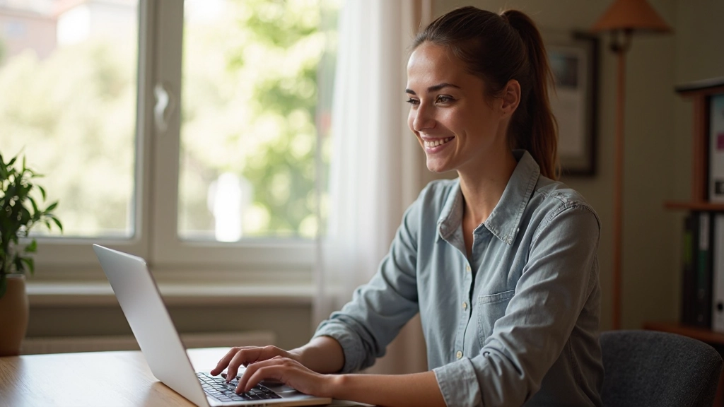 Estudante português participando de aula de francês online com professor qualificado, sorrindo diante do computador em ambiente doméstico aconchegante